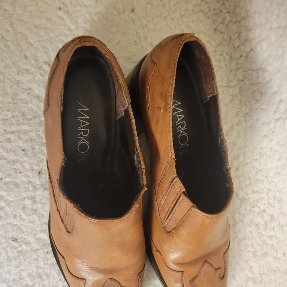 Markon Tan Leather‎ Western Booties Pointed Toe Stacked Block Heel Size 8